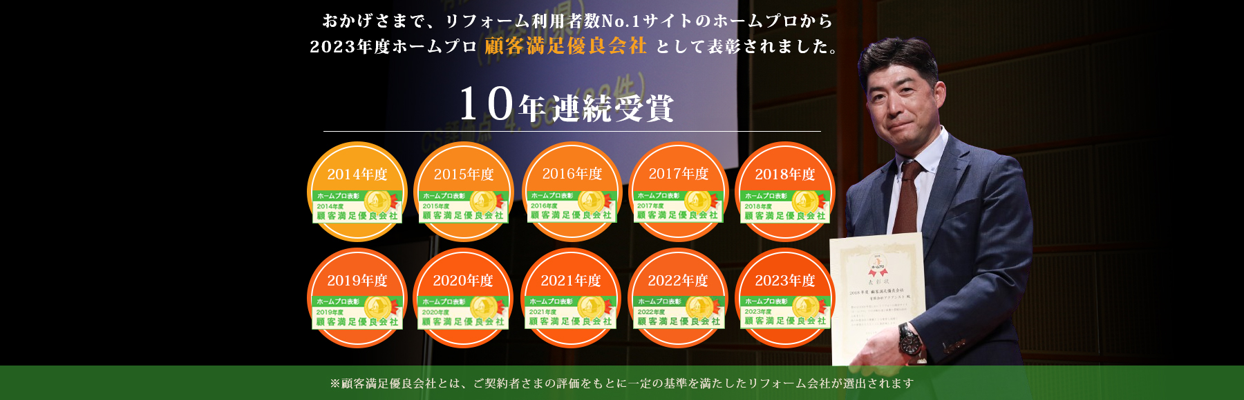 おかげさまで、リフォーム利用者数No.1サイトのホームプロから2019年度ホームプロ顧客満足優良会社として表彰されました。